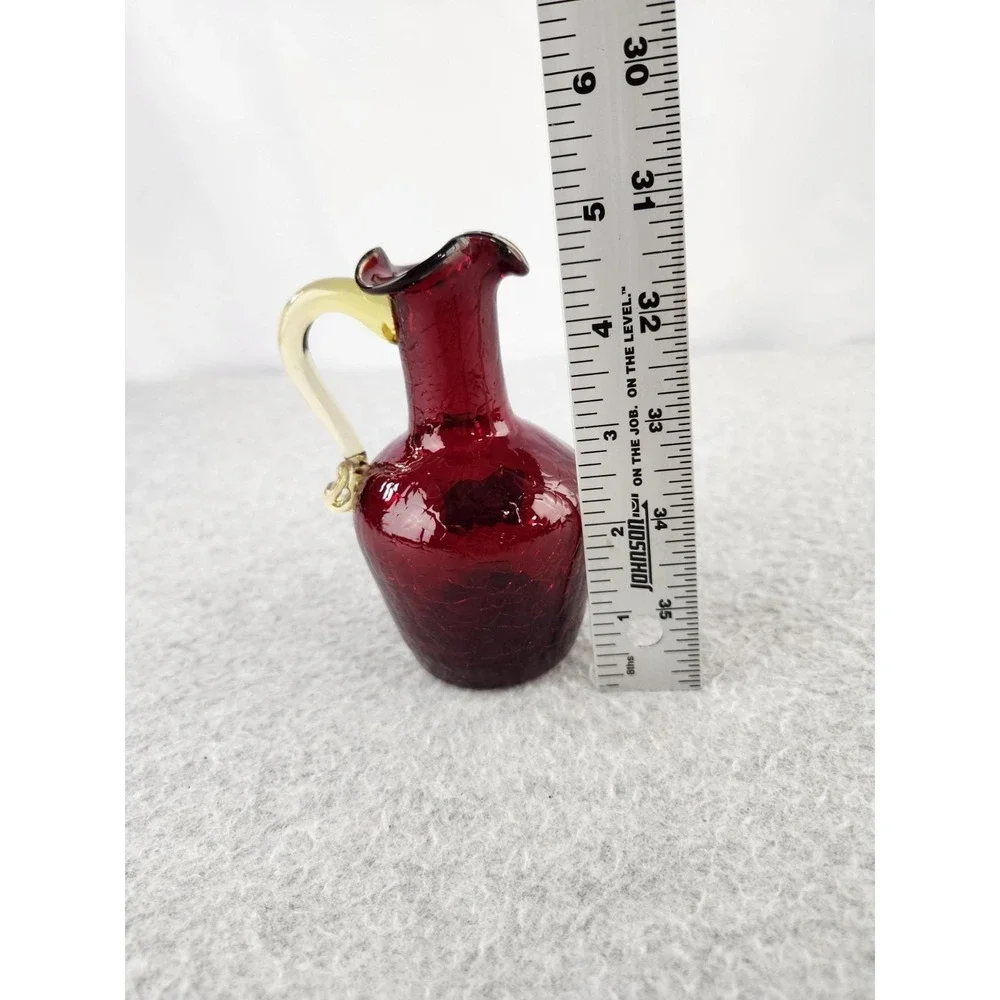 Vtg Pilgrim Handmade Crackle Ruby Red‎ Glass Gold Handled Pitcher Vase Sticker